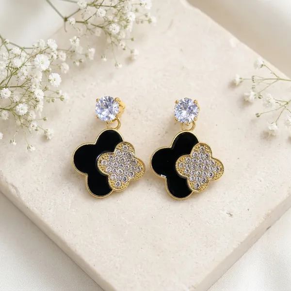 Black_And_Gold_Clover_Studded_Drop_Earrings_For_Women