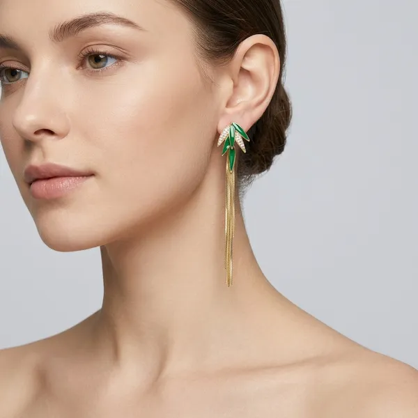 Gold_Toned_Green_Leaf_Tassel_Drop_Earrings_For_Women
