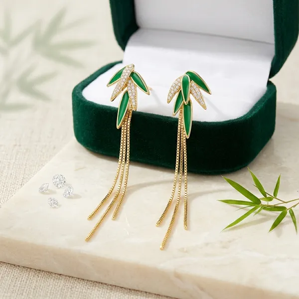 Gold_Toned_Green_Leaf_Tassel_Drop_Earrings_For_Women