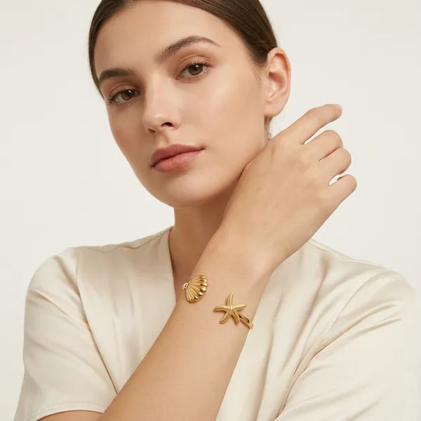 Gold_Toned_Starfish_Shell_Open_Cuff_Bracelet_For_Women