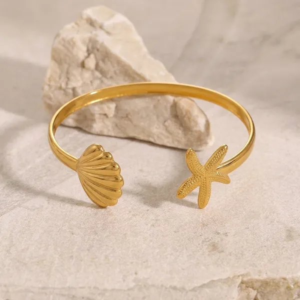 Gold_Toned_Starfish_Shell_Open_Cuff_Bracelet_For_Women