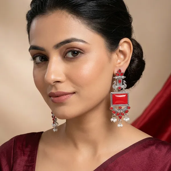 Red_Oxidised_Silver_Peacock_Design_Dangler_Earrings_For_Women