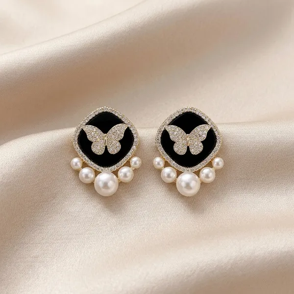 Black_And_Gold_Toned_Butterfly_Pearl_Stud_Earrings_For_Women