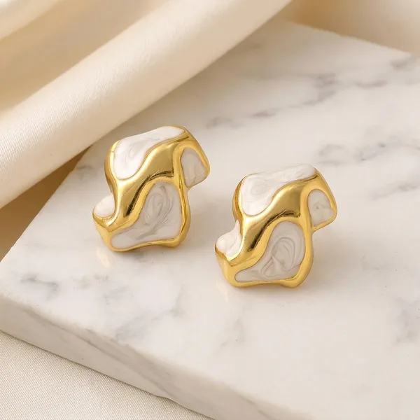 Gold_Toned_White_Enamel_Abstract_Stud_Earrings_For_Women