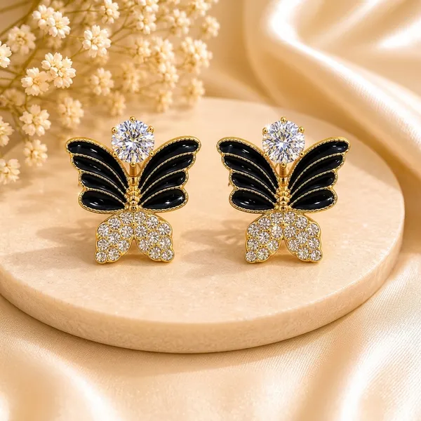 Gold_Toned_Black_Enamel_Butterfly_Stud_Earrings_For_Women