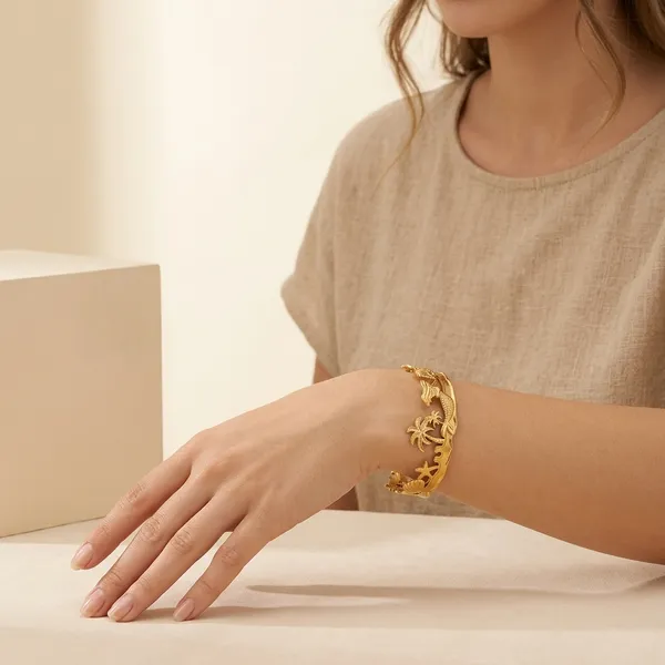 Gold_Toned_Mermaid_Palm_Tree_Open_Cuff_Bracelet_For_Women