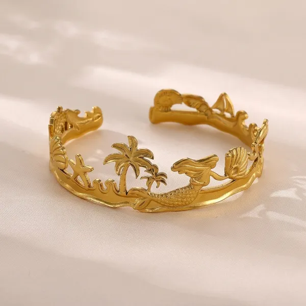 Gold_Toned_Mermaid_Palm_Tree_Open_Cuff_Bracelet_For_Women