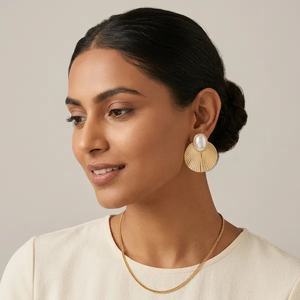 Gold_Toned_Pearl_Studded_Fan_Shape_Drop_Earrings_For_Women