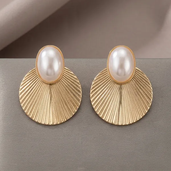 Gold_Toned_Pearl_Studded_Fan_Shape_Drop_Earrings_For_Women