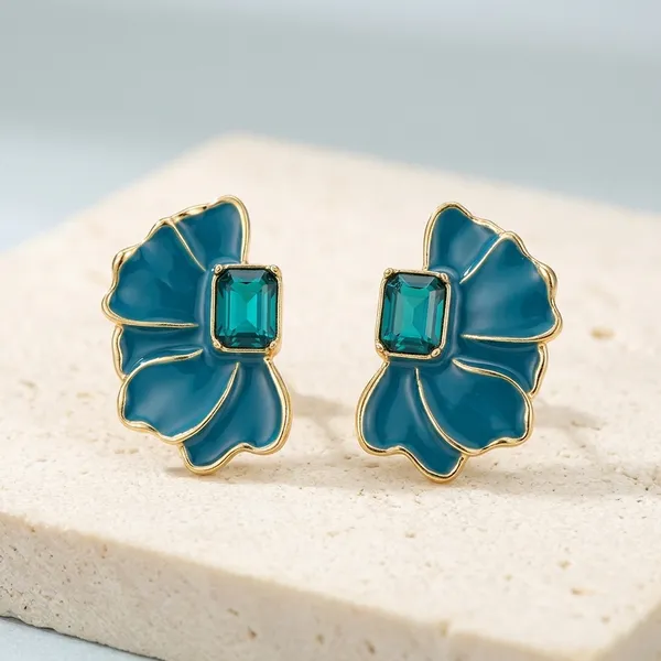 Blue_Enamel_Floral_Stud_Earrings_With_Emerald_Stone_For_Women