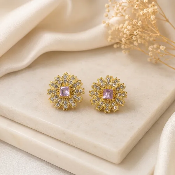 Gold_Toned_Floral_Stud_Earrings_With_Pink_Stone_For_Women