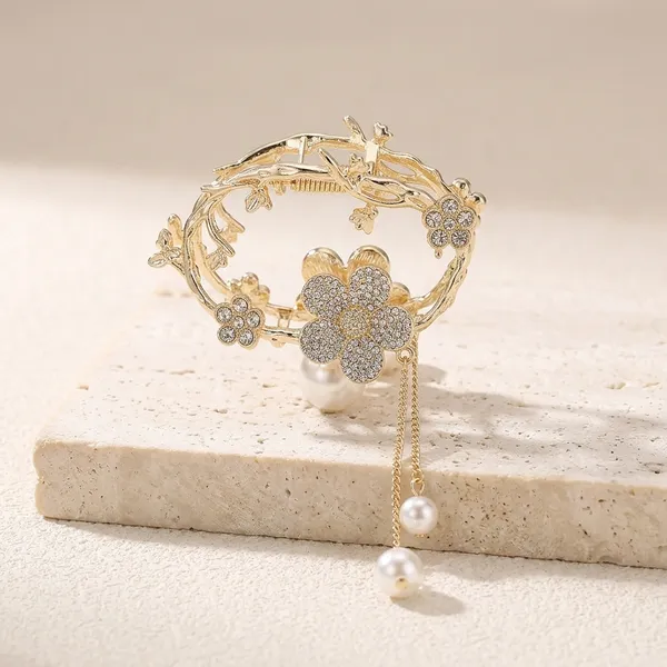Gold_Floral_Rhinestone_Pearl_Drop_Hair_Clip_For_Women