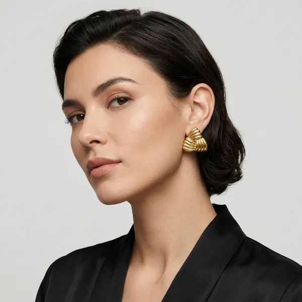 Gold_Toned_Ribbed_Fan_Design_Stud_Earrings_For_Women