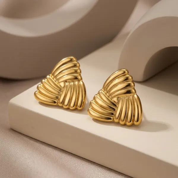 Gold_Toned_Ribbed_Fan_Design_Stud_Earrings_For_Women
