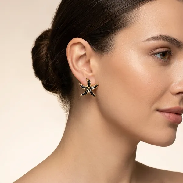 Gold_Toned_Black_Enamel_Starfish_Stud_Earrings_For_Women