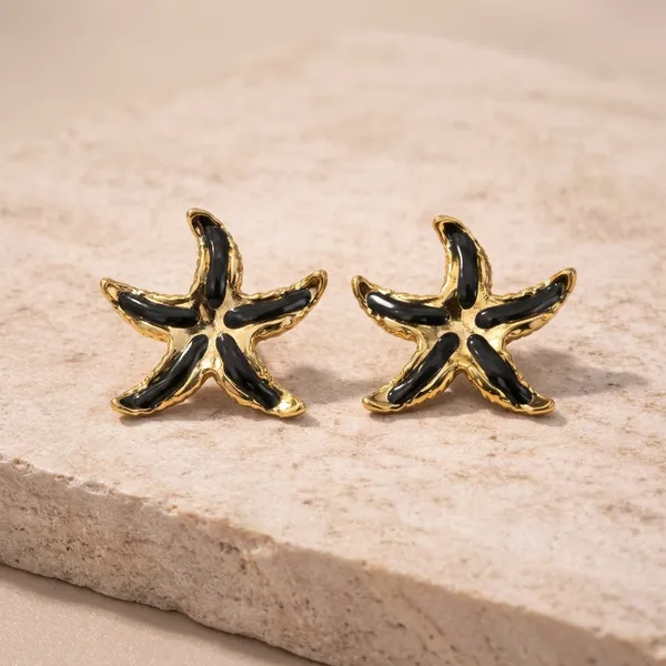 Gold_Toned_Black_Enamel_Starfish_Stud_Earrings_For_Women