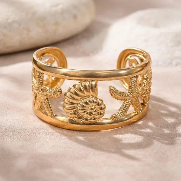 Gold_Toned_Starfish_Seashell_Open_Cuff_Ring_For_Women