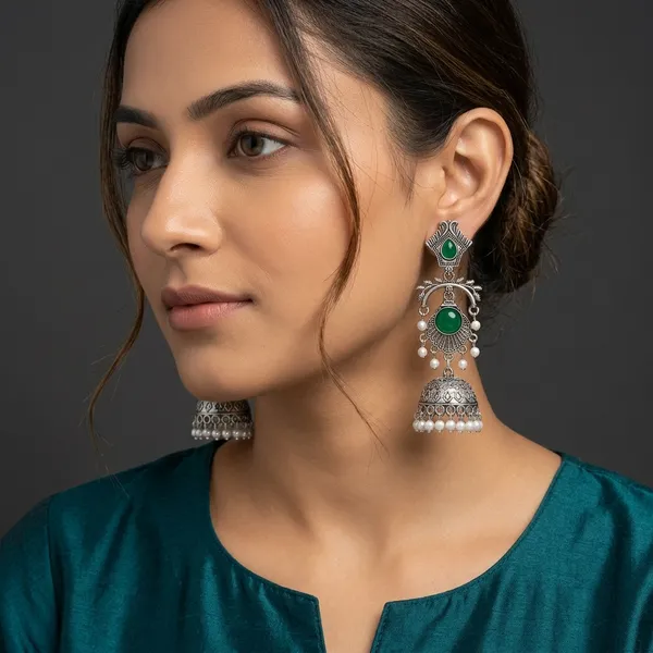 Silver_Oxidized_Green_Stone_Jhumka_Earrings_For_Women