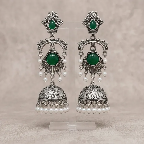 Silver_Oxidized_Green_Stone_Jhumka_Earrings_For_Women