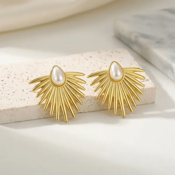 Gold_Toned_Sunburst_Pearl_Stud_Earrings_For_Women