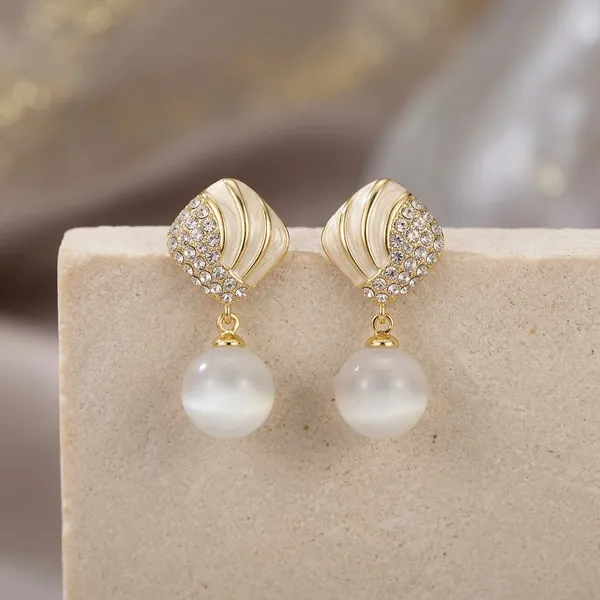 White_Enamel_Crystal_Studded_Pearl_Drop_Earrings_For_Women