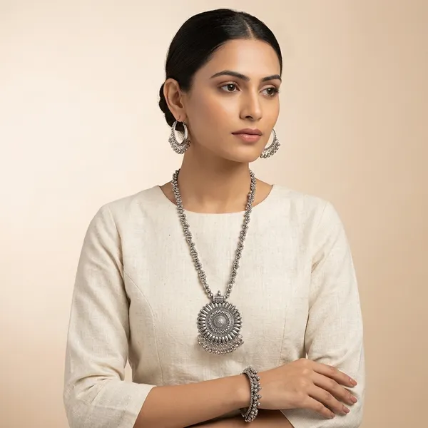 Oxidized_Silver_Tone_Sun_Pendant_Necklace_With_Hoop_Earrings_Set