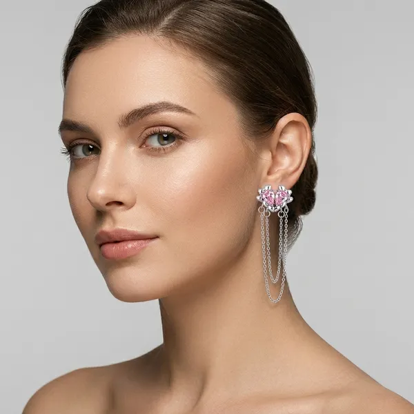 Silver_Pink_Stone_Chain_Tassel_Drop_Earrings_For_Women