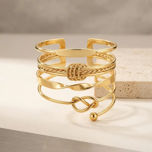 Gold_Toned_Knot_Twist_Cuff_Bracelet_Set_For_Women