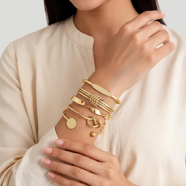 Gold_Toned_Knot_Twist_Cuff_Bracelet_Set_For_Women