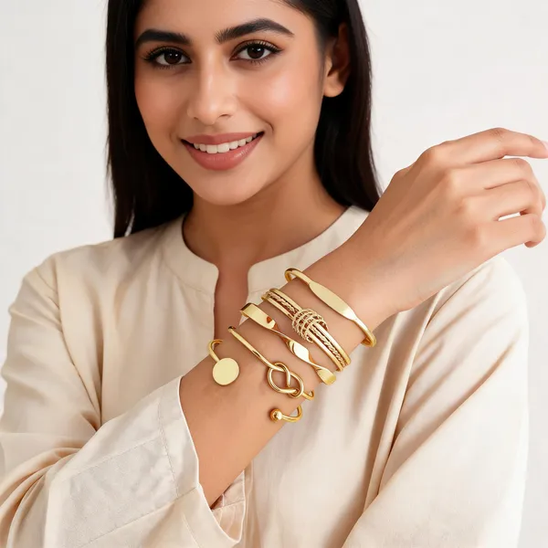 Gold_Toned_Knot_Twist_Cuff_Bracelet_Set_For_Women