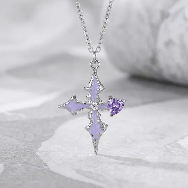 Silver_And_Purple_Enamel_Cross_Pendant_Necklace_For_Women