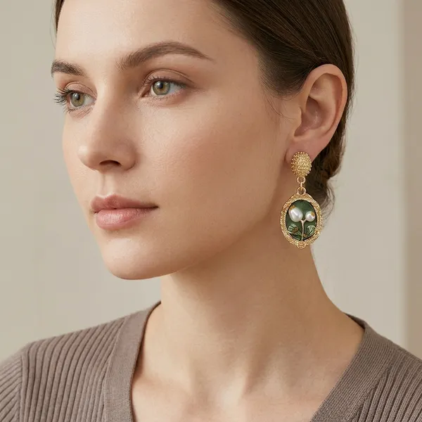 Gold_Toned_Green_Enamel_Pearl_Drop_Earrings_For_Women
