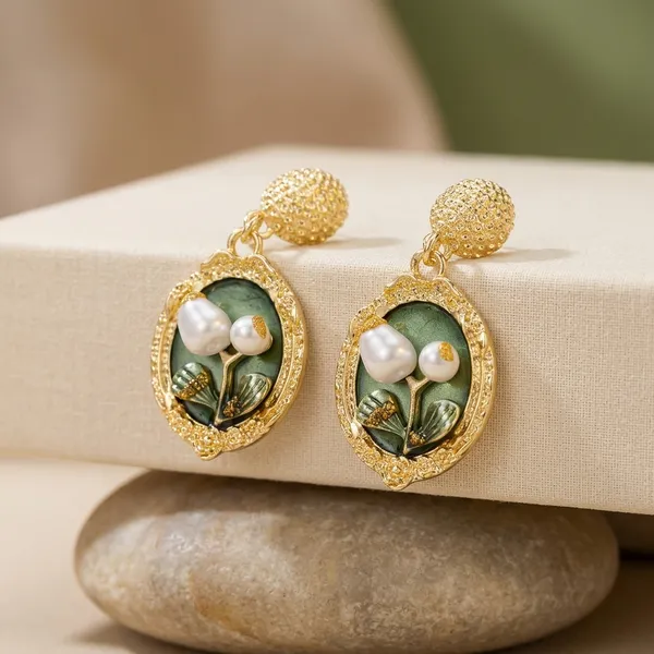 Gold_Toned_Green_Enamel_Pearl_Drop_Earrings_For_Women