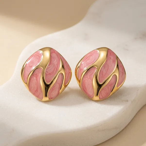 Gold_Toned_Pink_Enamel_Stud_Earrings_For_Women