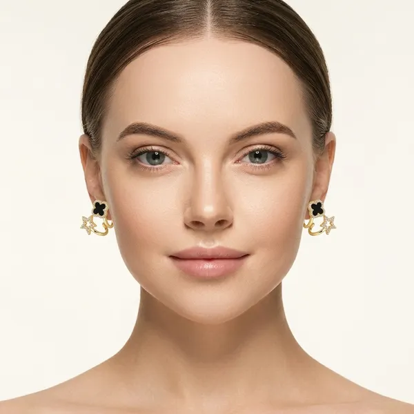 Gold_And_Black_Clover_Star_Stud_Earrings_For_Women