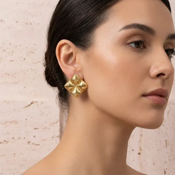Gold_Toned_Textured_Diamond_Shape_Stud_Earrings_For_Women