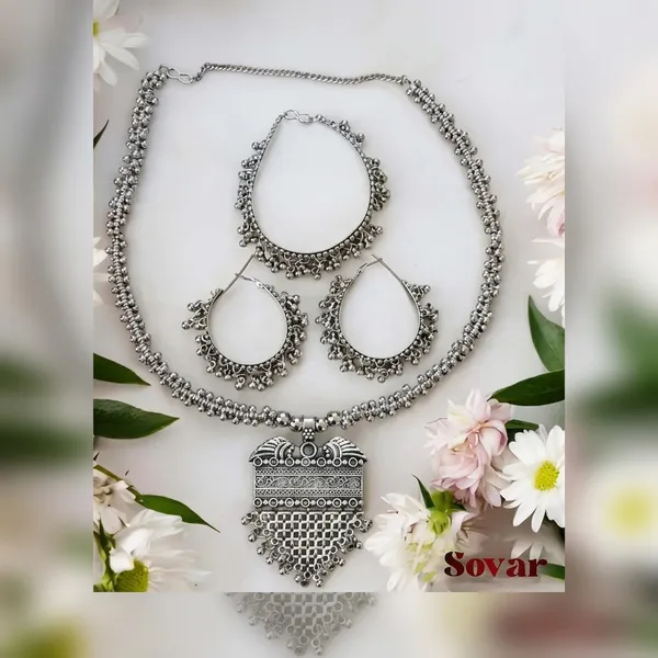 Silver_Oxidized_Metal_Statement_Necklace_Earrings_Set_For_Women