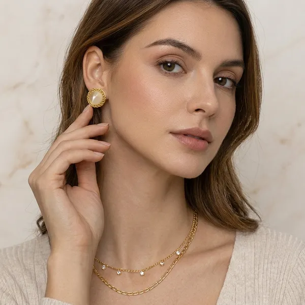 Gold_Stainless_Steel_Round_Cream_Stud_Earrings_For_Women
