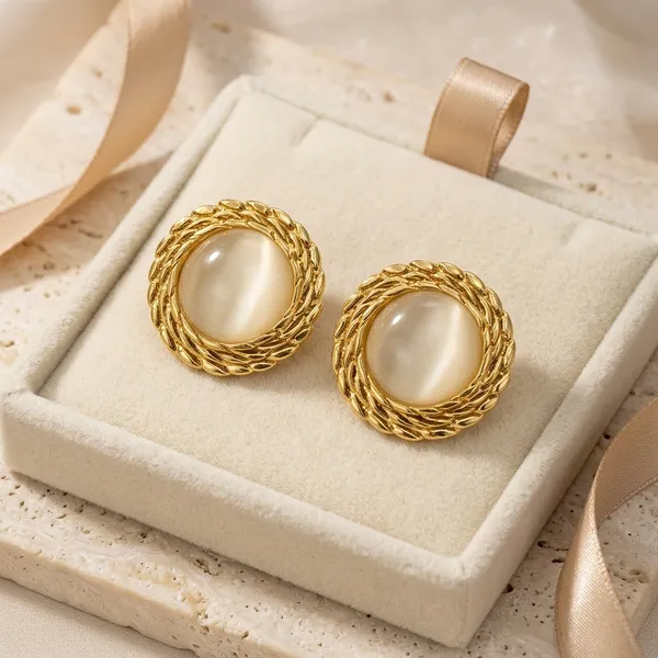 Gold_Stainless_Steel_Round_Cream_Stud_Earrings_For_Women