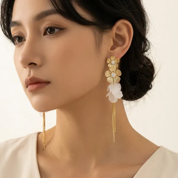 Gold_Toned_White_Floral_Tassel_Drop_Earrings_For_Women