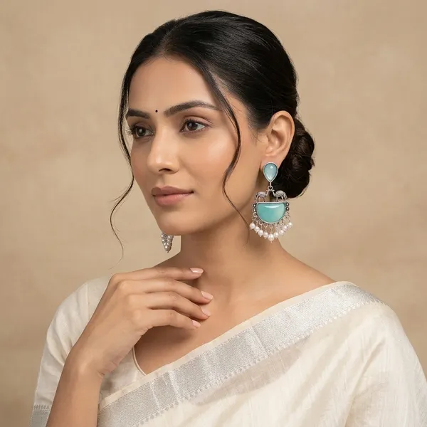 Turquoise_Oxidised_Silver_Elephant_Pearl_Drop_Earrings_For_Women