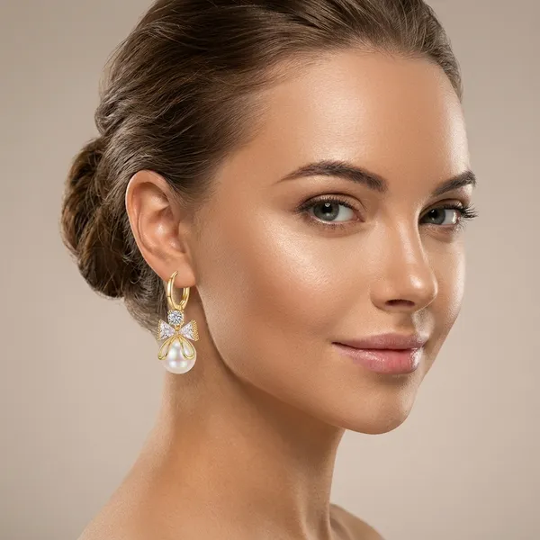 Gold_Toned_Bow_Pearl_Drop_Earrings_For_Women