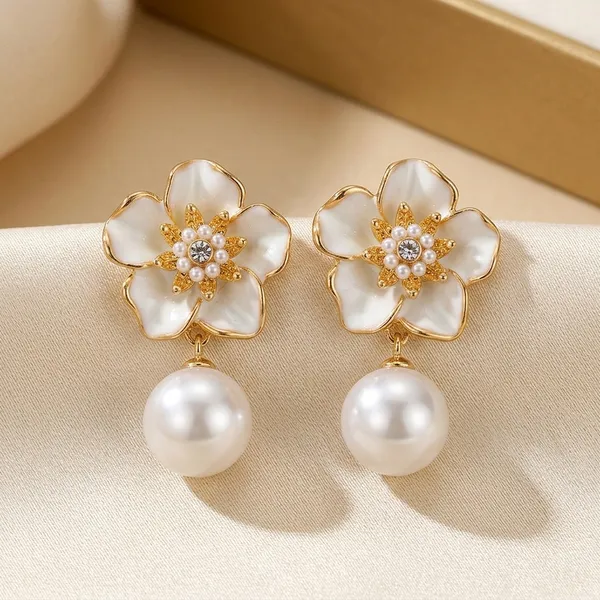 White_Floral_Gold_Toned_Pearl_Drop_Earrings_For_Women