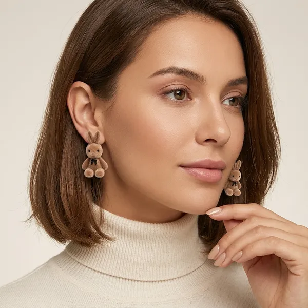 Brown_Flocked_Bunny_Stud_Earrings_For_Women