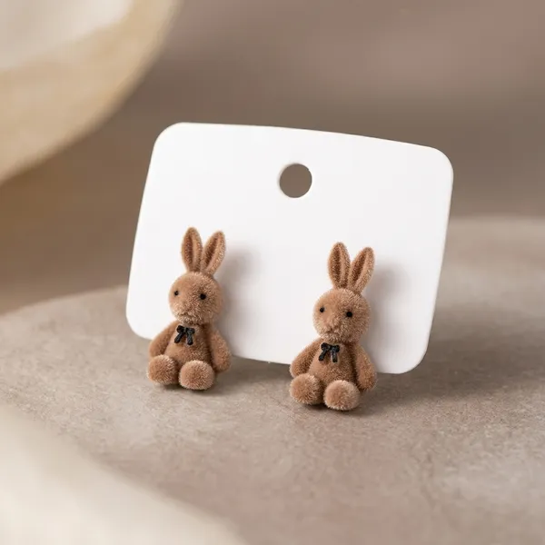 Brown_Flocked_Bunny_Stud_Earrings_For_Women