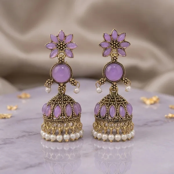 Purple_Antique_Gold_Floral_Jhumka_Earrings_For_Women