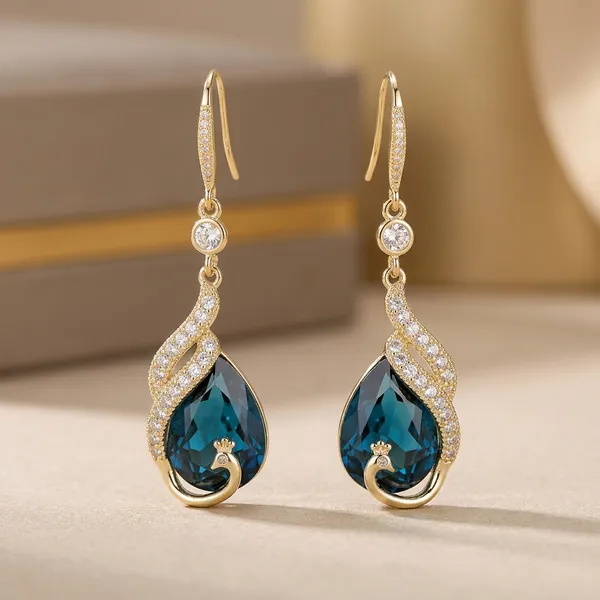 Gold_Toned_Blue_Crystal_Peacock_Drop_Earrings_For_Women