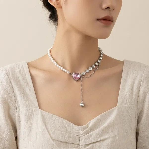 Silver_Pearl_Chain_Pink_Heart_Pendant_Necklace_For_Women