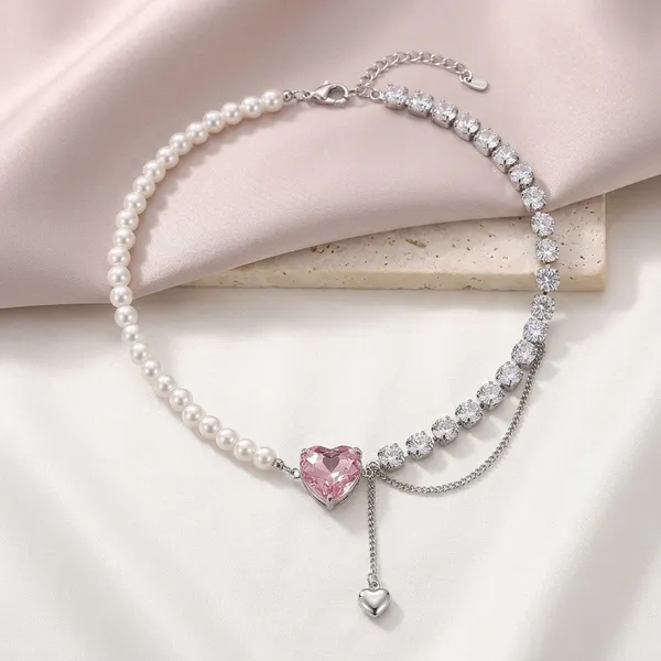 Silver_Pearl_Chain_Pink_Heart_Pendant_Necklace_For_Women
