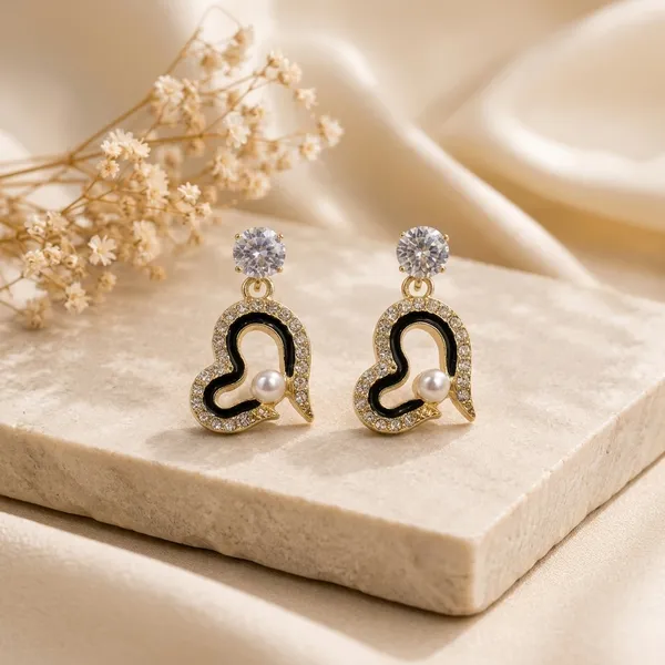 Gold_Toned_Black_Enamel_Heart_Drop_Earrings_For_Women